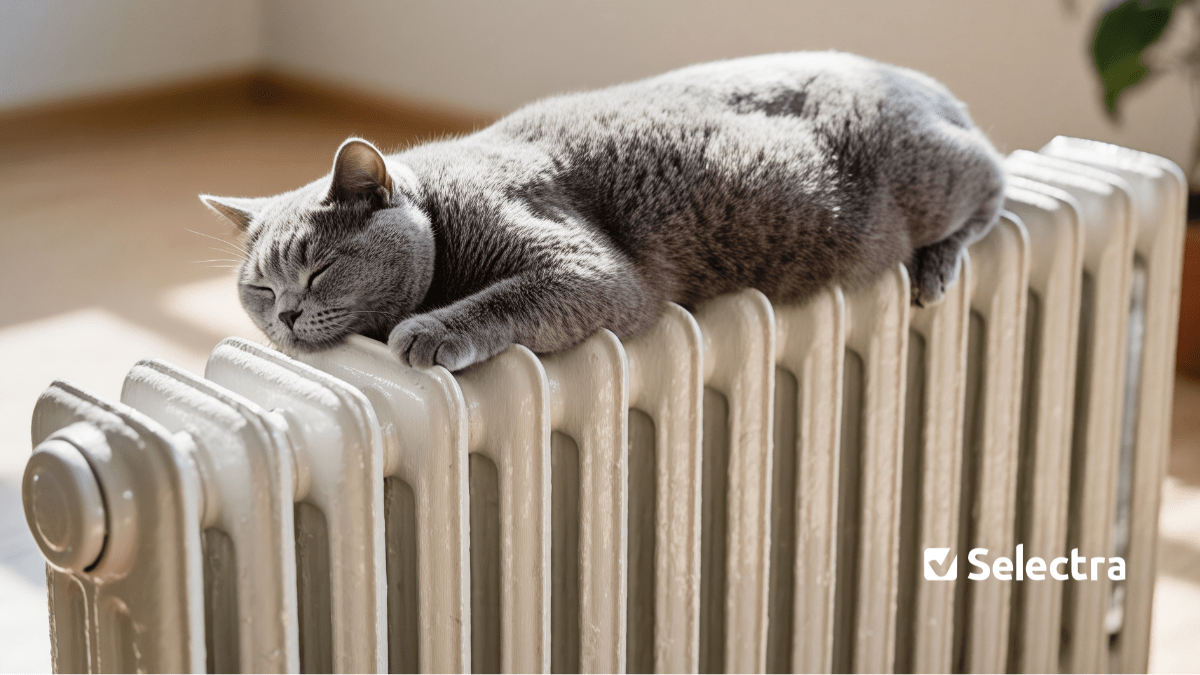 Image with a cat sleeping on a heater